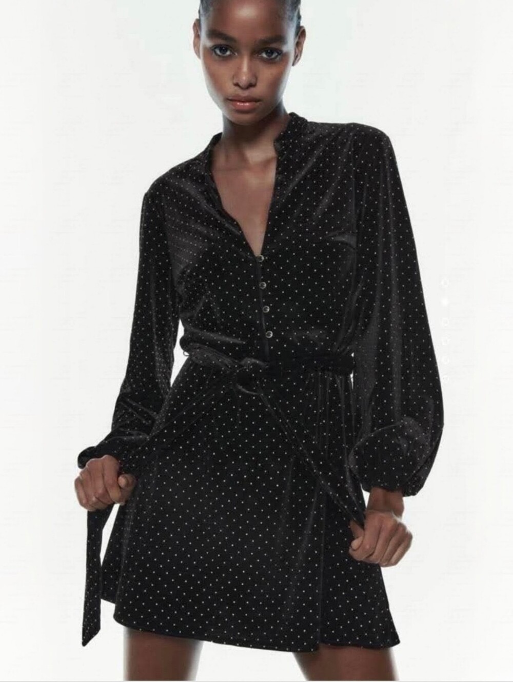 NWT ZARA Black Velvet Gold Studded Shirt Dress Tie Waist Women's Medium Bohochic